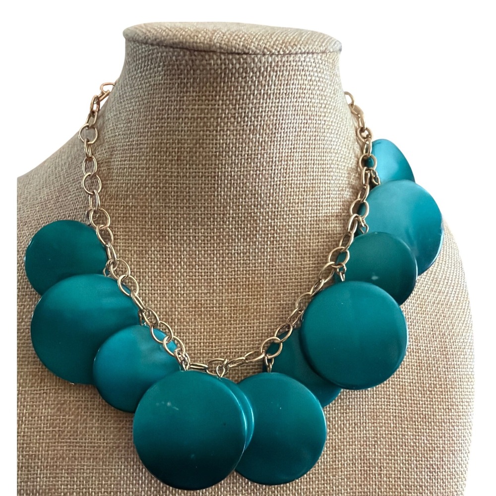 Teal Disc Statement Necklace Gold Tone Bib Chunky Turquoise Resin Layered